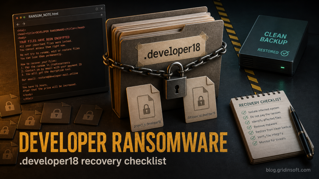 Developer ransomware recovery poster with .developer18 files and backup checklist