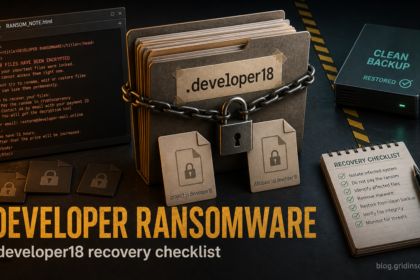 Developer ransomware recovery poster with .developer18 files and backup checklist