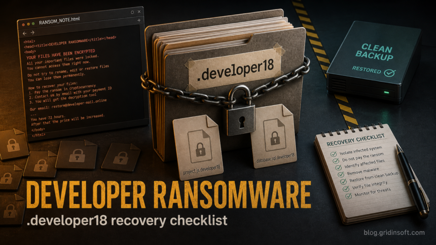 Developer ransomware recovery poster with .developer18 files and backup checklist