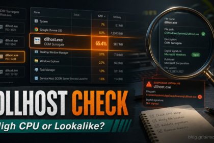 Task Manager-style check for dllhost.exe high CPU and COM Surrogate lookalike risk.