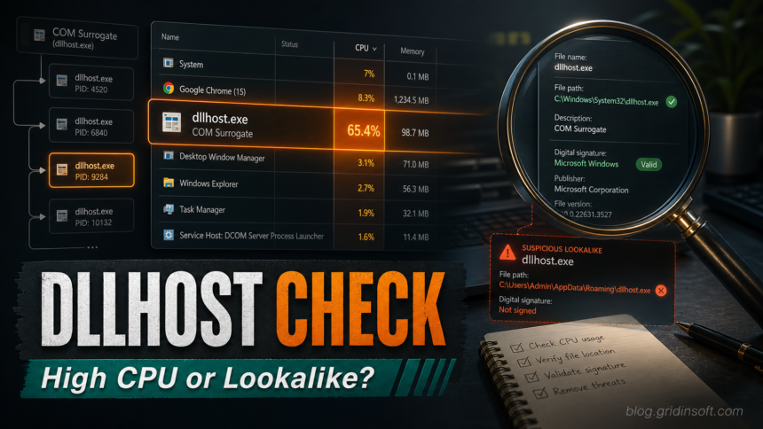 Task Manager-style check for dllhost.exe high CPU and COM Surrogate lookalike risk.