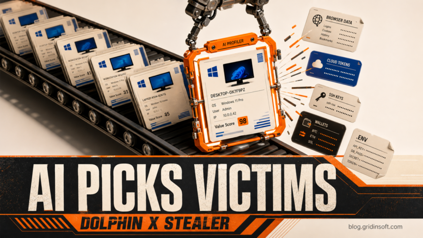 Dolphin X Stealer Uses AI to Rank High-Value Victims 1 An automated profiler selecting one Windows identity while browser, cloud, SSH, wallet, and environment-file data is collected.