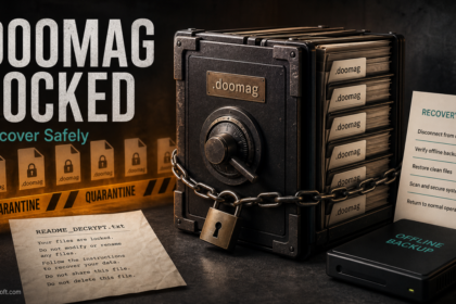 Doommageddon ransomware recovery warning showing .doomag files, a locked vault, README_DECRYPT.txt, and safe restore planning.