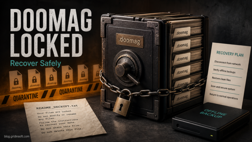 Doommageddon ransomware recovery warning showing .doomag files, a locked vault, README_DECRYPT.txt, and safe restore planning.