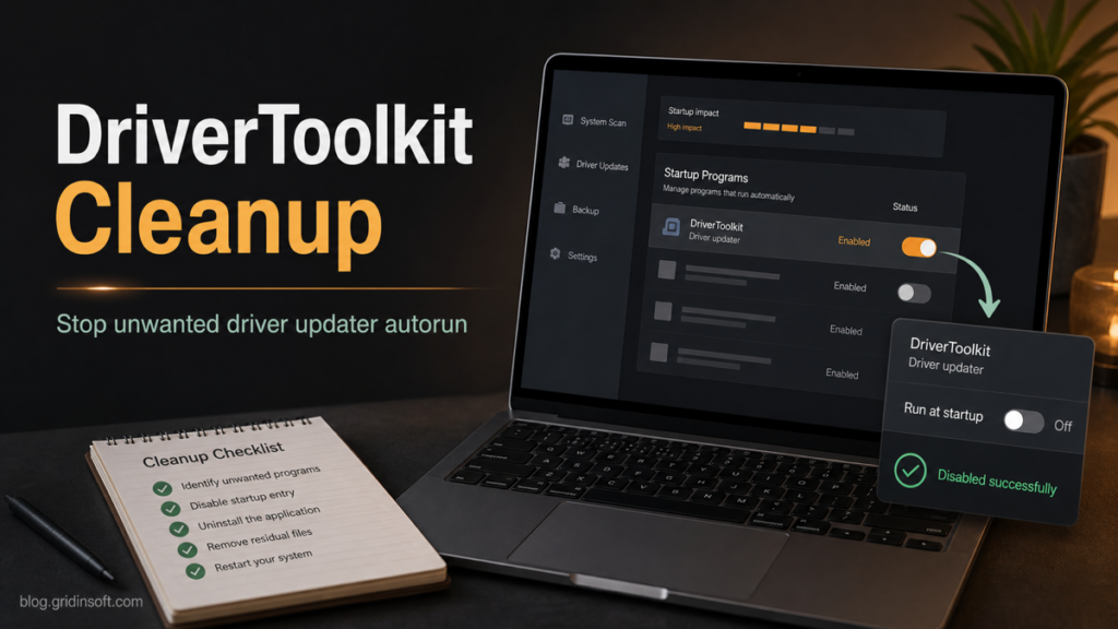 DriverToolkit cleanup warning showing an unwanted driver updater disabled at Windows startup.