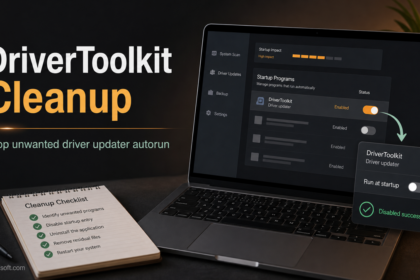 DriverToolkit cleanup poster showing an unwanted driver updater disabled at startup