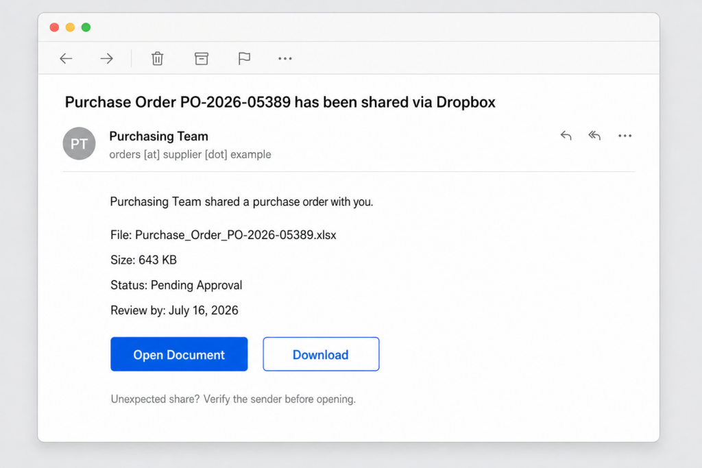 Email example showing an unexpected Dropbox purchase order share with a fictional sender, spreadsheet name, deadline, and document buttons.