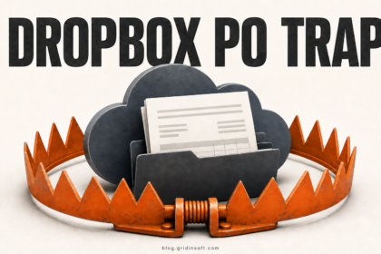 Illustration of an unexpected Dropbox purchase order email caught in a phishing trap.