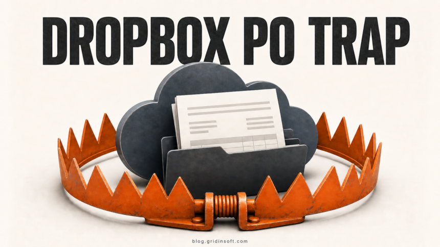 Illustration of an unexpected Dropbox purchase order email caught in a phishing trap.