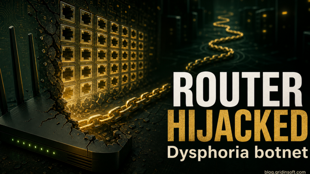 A cracked router exposing rows of network ports chained into the Dysphoria botnet.