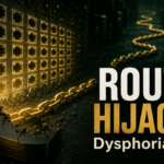 A cracked router exposing rows of network ports chained into the Dysphoria botnet.