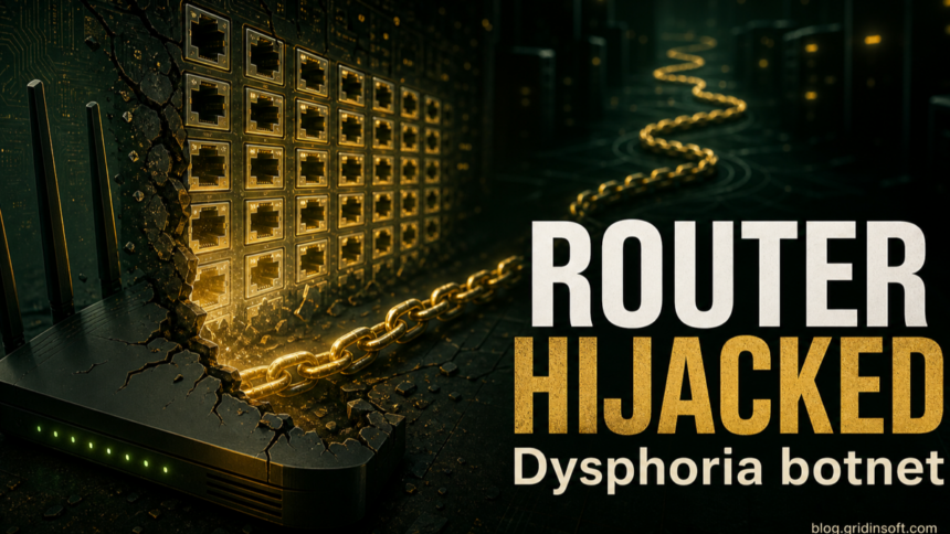 A cracked router exposing rows of network ports chained into the Dysphoria botnet.