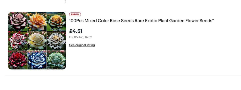 AI Flower Seed Scams: Fake Plants, Real Payments, and Marketplace Red Flags 6 Ended listing for mixed color rose seeds with collage of exotic roses