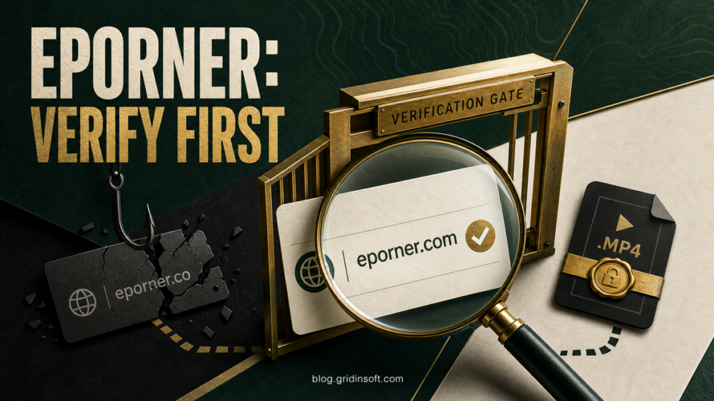 Eporner verification gate separating the recognized eporner.com address from a broken lookalike and an MP4 download.