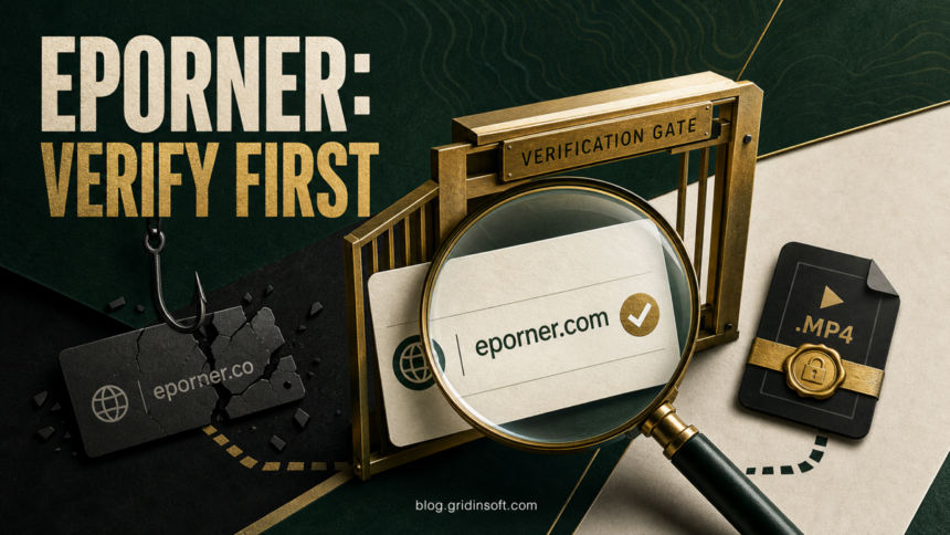 Eporner verification gate separating the recognized eporner.com address from a broken lookalike and an MP4 download.