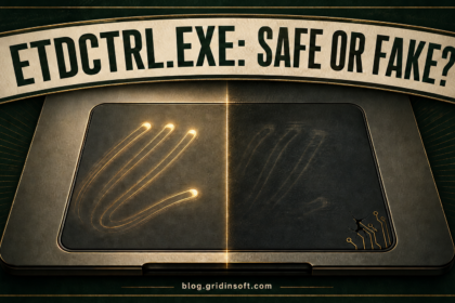 ETDCtrl.exe safety decision shown as a laptop touchpad split between normal gestures and a suspicious copy