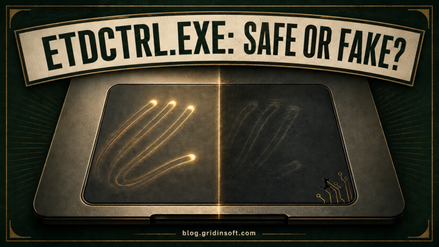 ETDCtrl.exe safety decision shown as a laptop touchpad split between normal gestures and a suspicious copy