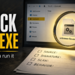 Unknown EXE file being checked with a source, signature, scan, and behavior checklist.