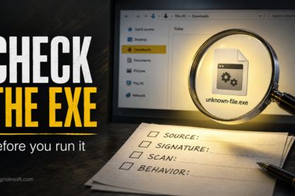 Unknown EXE file being checked with a source, signature, scan, and behavior checklist.