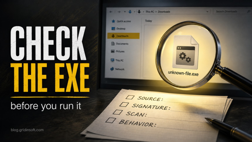 How to Check if an EXE File Is Safe Before You Run It 1 Unknown EXE file being checked with a source, signature, scan, and behavior checklist.