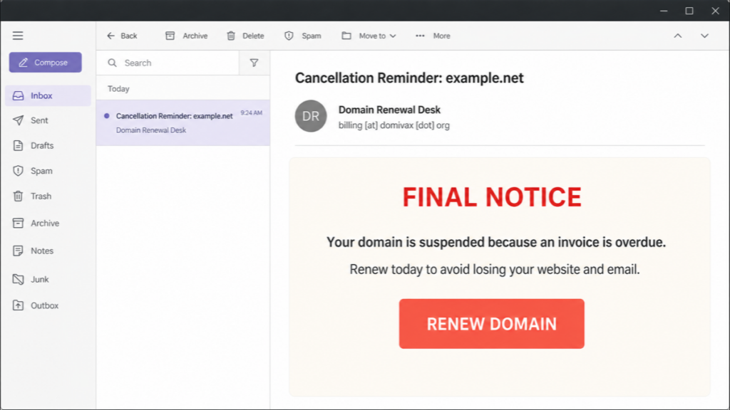 A fake domain renewal email claiming an overdue invoice suspended example.net.