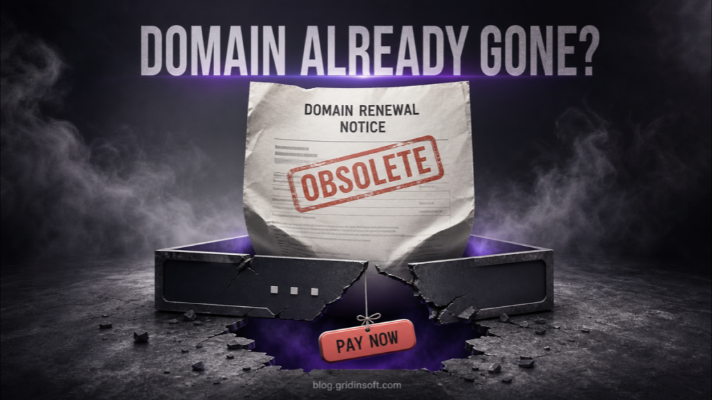 A fake domain renewal notice demanding payment for a domain that is already gone.