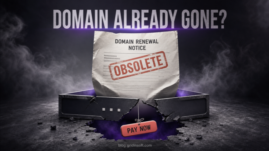 A fake domain renewal notice demanding payment for a domain that is already gone.