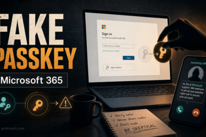 Fake Microsoft 365 passkey setup scam with a phone call and sign-in prompt.