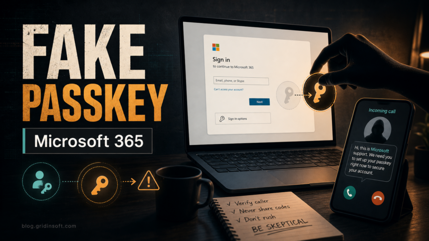 Fake Microsoft 365 Passkey Setup: How the O-UNC-066 Vishing Attack Works 1 Fake Microsoft 365 passkey setup scam with a phone call and sign-in prompt.