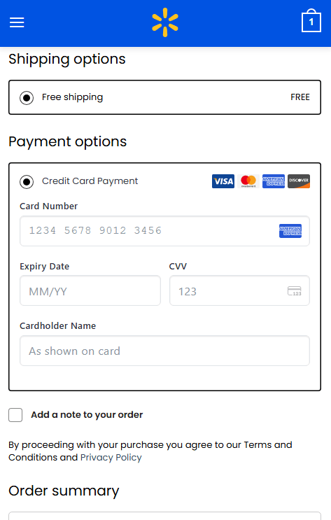 120 Fake Walmart Stores Target Card Details at Checkout 2 A mobile checkout in the lookalike store network asks for a card number, expiry date, CVV, and cardholder name.