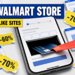 A fake online checkout pulls a payment card into a trap among cloned store pages and extreme discount labels.