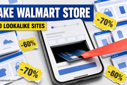 A fake online checkout pulls a payment card into a trap among cloned store pages and extreme discount labels.