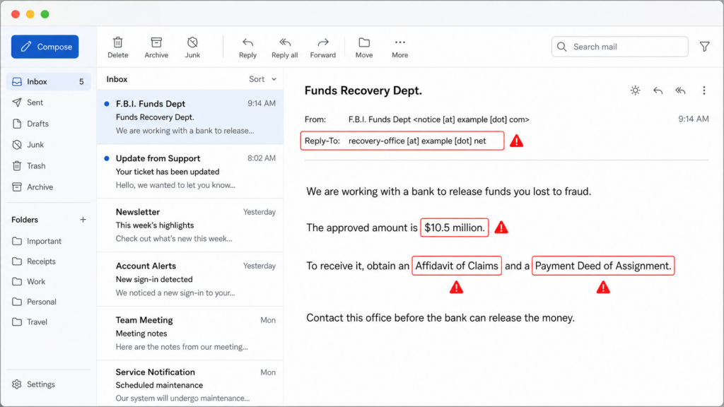 Generic email client showing a fake FBI Funds Recovery Dept message with a personal reply-to address, $10.5 million promise, and fake document names.