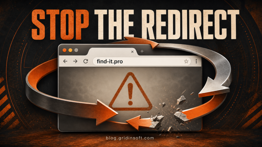 Find-it.pro Redirect: Remove It and Stop New-Tab Hijacking 1 Browser window caught in a broken redirect loop while Find-it.pro replaces the new-tab destination.