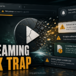 Streaming link warning with pop-ups, redirects, notification prompts, and suspicious download alerts.