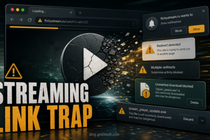 Streaming link warning with pop-ups, redirects, notification prompts, and suspicious download alerts.
