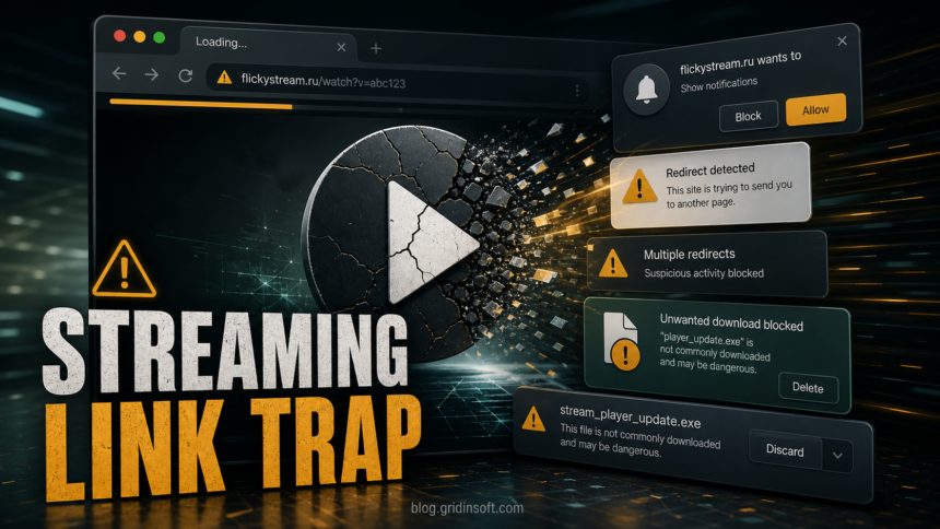 Clicked a Flickystream.ru Link? Safety Check and Cleanup Steps 1 Streaming link warning with pop-ups, redirects, notification prompts, and suspicious download alerts.