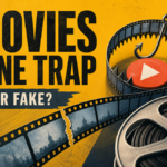FMovies clone name beside a filmstrip trap and fake Play button.