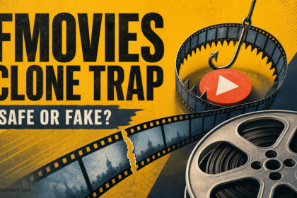 FMovies clone name beside a filmstrip trap and fake Play button.