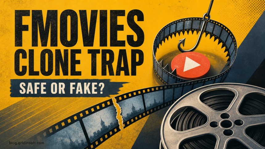 FMovies clone name beside a filmstrip trap and fake Play button.