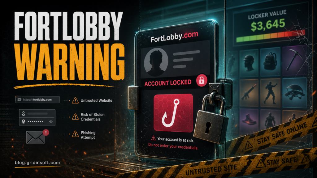 FortLobby.com warning poster showing a locked gaming account and phishing risk