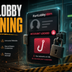 FortLobby.com warning poster showing a locked gaming account and phishing risk