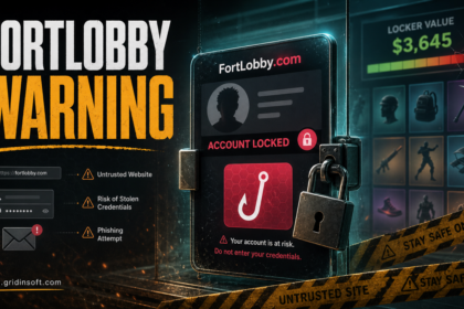 FortLobby.com warning poster showing a locked gaming account and phishing risk