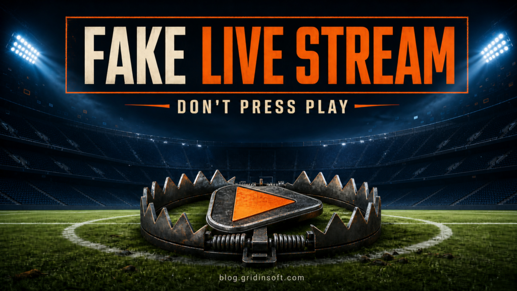 Fake live sports stream Play button caught inside a trap on a stadium field.