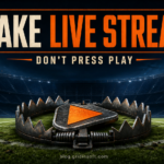 Fake live sports stream Play button caught inside a trap on a stadium field.