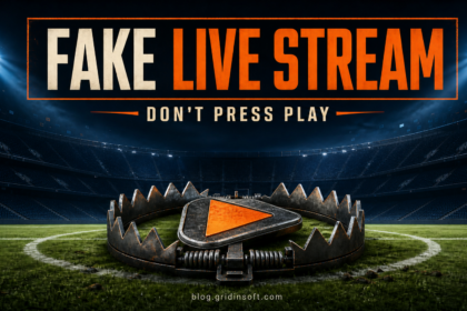 Fake live sports stream Play button caught inside a trap on a stadium field.
