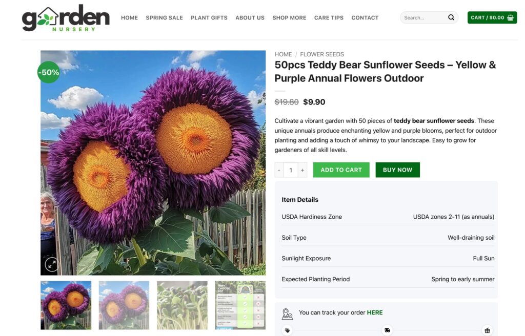 AI Flower Seed Scams: Fake Plants, Real Payments, and Marketplace Red Flags 3 Storefront product page selling yellow and purple teddy bear sunflower seeds