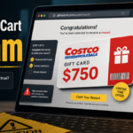 Giftcardcart.com scam warning showing a fake Costco $750 gift card reward page and survey form.