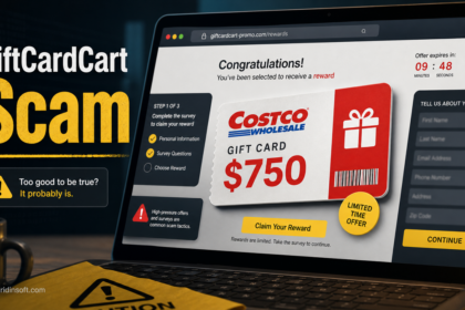 Giftcardcart.com scam warning showing a fake Costco $750 gift card reward page and survey form.