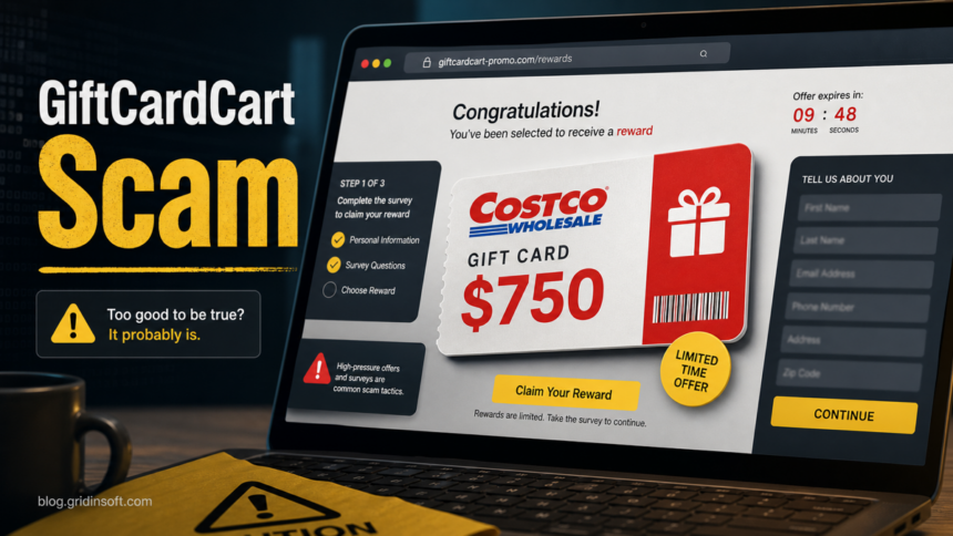 Giftcardcart.com scam warning showing a fake Costco $750 gift card reward page and survey form.